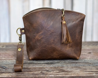 The Curved Mini-Zip Bag | Made in USA| Eco-Friendly Leather | Handmade Leather Purse | Small Leather Bag | Wristlet