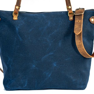 Handcrafted Waxed Canvas and Leather Tote Bag Made in USA Classic Minimalism Meets Practicality Large Minimalist navy