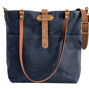 Handgemaakte luxe Market-tas: gewaxt canvas uit de VS en eco-gelooid leer | Luiertas | Grote, veelzijdige draagtas met verstelbare riemen