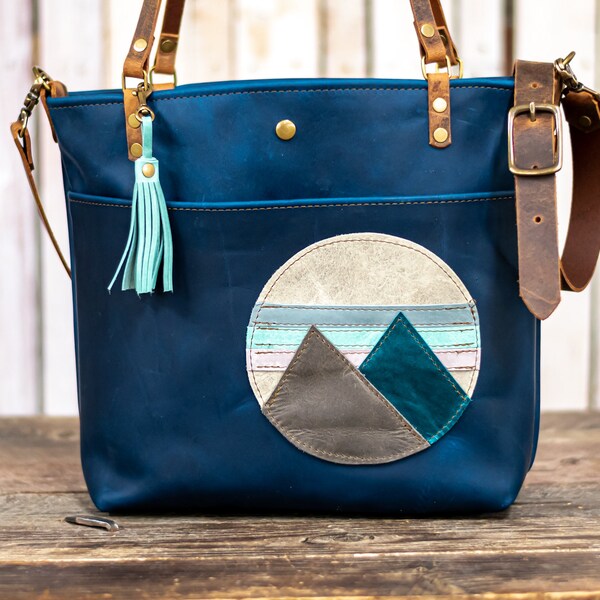 Clearance | Leather tote | Made in USA | Blue Snap Mountain Bag | 013