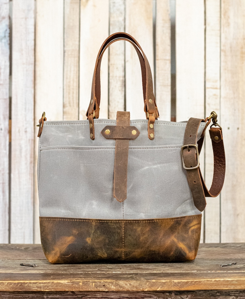 Waxed Canvas Tote Canvas Tote Bag Crossbody Bag Large Made in USA The ML Leather and Waxed Canvas Tote light grey