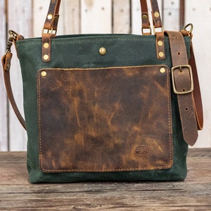 The Classic Waxed Canvas Bag | Tote Bag with Leather Pocket | Crossbody Bag | Small | Made in USA