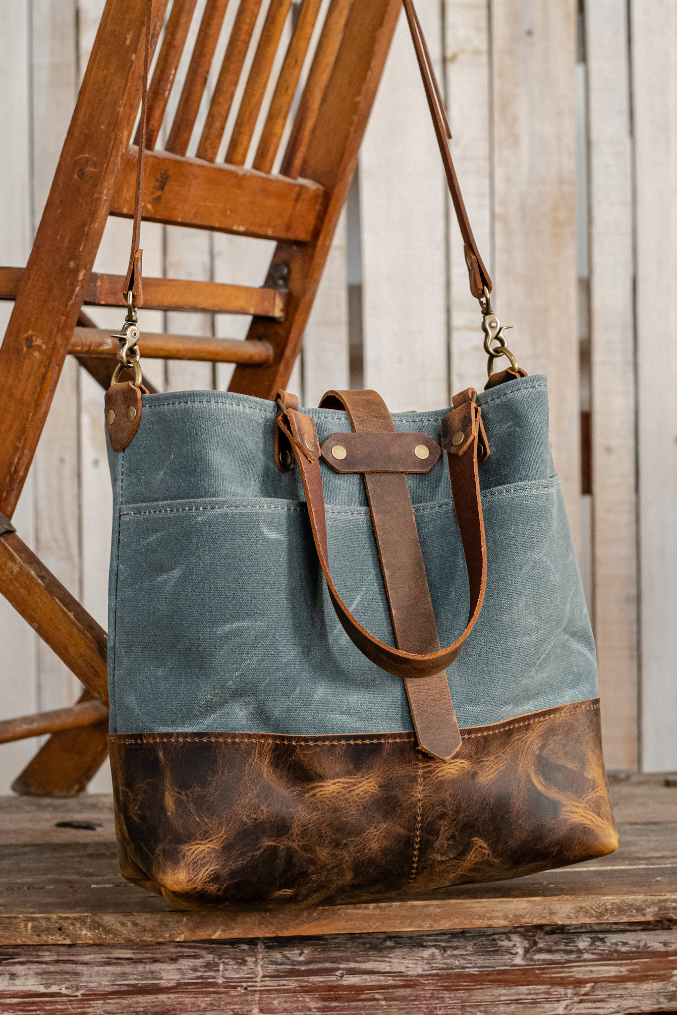 Rustic Leather and Waxed Canvas Tote Bag With Crossbody