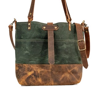Handmade Waxed Canvas Tote with Rustic Leather Bottom & Adjustable Straps | Large Crossbody Bag | Lifetime Guaranteed | Made in USA