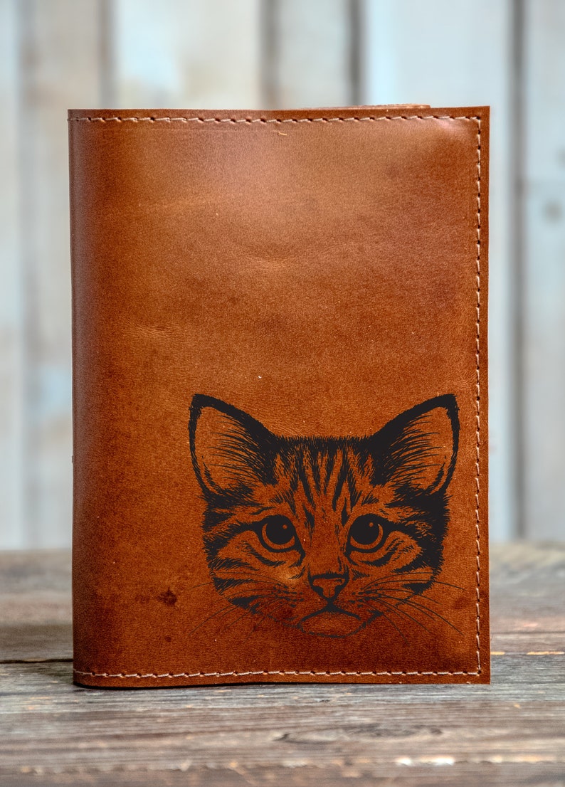 Handmade Leather Journal Personalized Leather Notebook A6 Sketchbook Gift In Blue Handmade Animals Series 5 cat