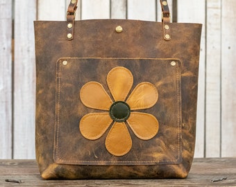 The Flower Power Leather Tote Bag | Limited Edition |  Handmade Purse |  Made in the USA | Leather Handbag | Personalized