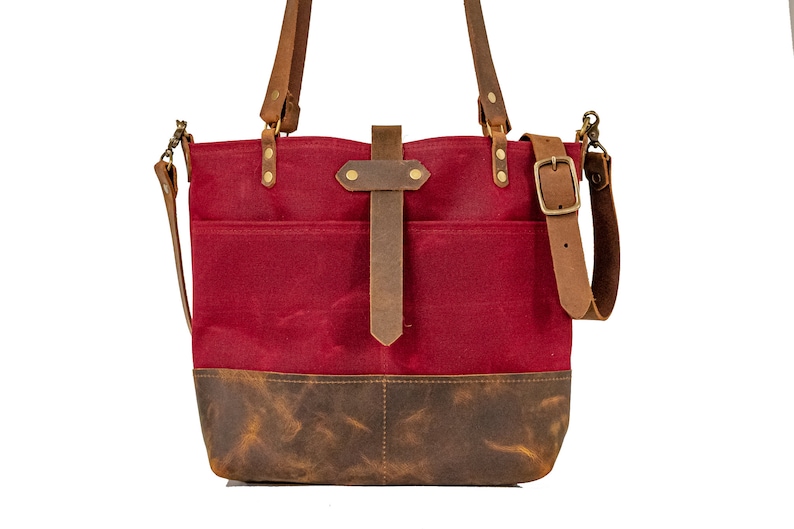 Waxed Canvas Tote Canvas Tote Bag Crossbody Bag Large Made in USA The ML Leather and Waxed Canvas Tote red