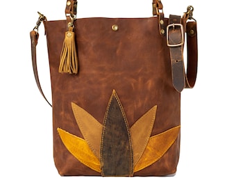 Made in USA | Classic Leather Botanical Tote Bag | Handmade Leather Purse | Large Leather Handbag | The Tall Tote Botanical