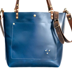 Holiday Classic Leather Tote Bag Leather Purse Crossbody Bag Made in USA Three Sizes Indigo Blue