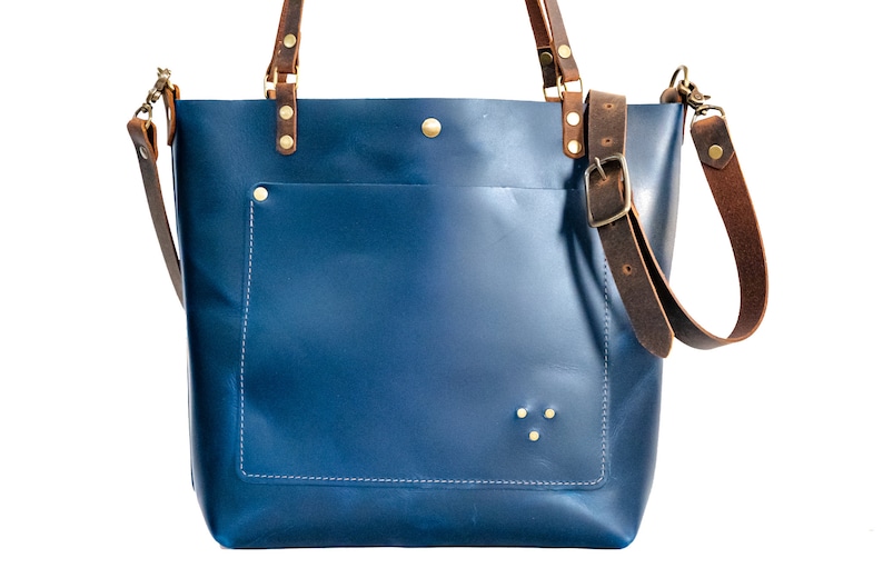 Holiday Classic Leather Tote Bag Leather Purse Crossbody Bag Made in USA Three Sizes Indigo Blue