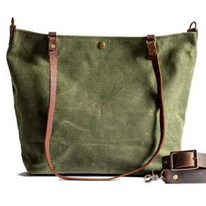 Handcrafted Waxed Canvas and Leather Tote Bag Made in USA Classic Minimalism Meets Practicality Large Minimalist olive