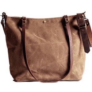 Handcrafted Waxed Canvas and Leather Tote Bag Made in USA Classic Minimalism Meets Practicality Large Minimalist pecan