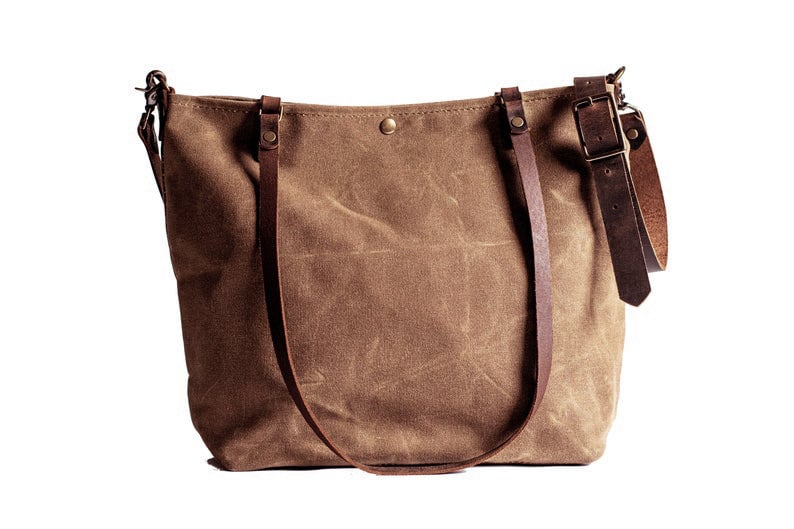 Handcrafted Waxed Canvas and Leather Tote Bag Made in USA Classic Minimalism Meets Practicality Large Minimalist pecan
