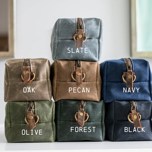 Handgemaakte gewaxt canvas Dopp Kit | Waterbestendige reisetui | Eco-gelooide leren accenten | Gemaakt in de VS