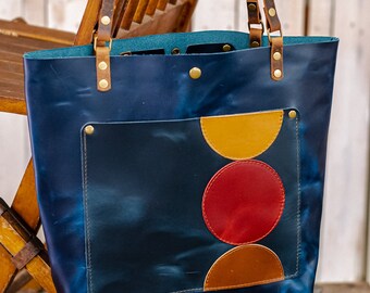 The Abstract Indigo Leather Tote Bag | Limited Edition |  Handmade Purse |  Made in the USA | Leather Handbag