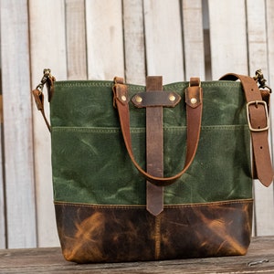 Waxed Canvas Tote Canvas Tote Bag Crossbody Bag Large Made in USA The ML Leather and Waxed Canvas Tote olive