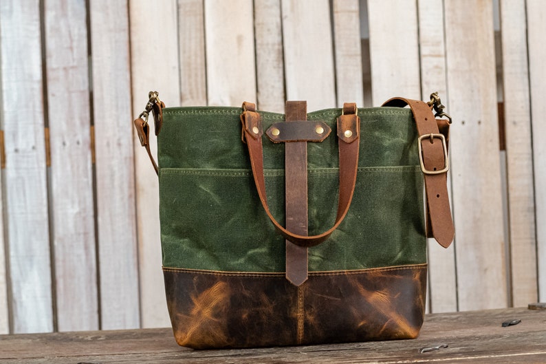 Waxed Canvas Tote Canvas Tote Bag Crossbody Bag Large Made in USA The ML Leather and Waxed Canvas Tote olive