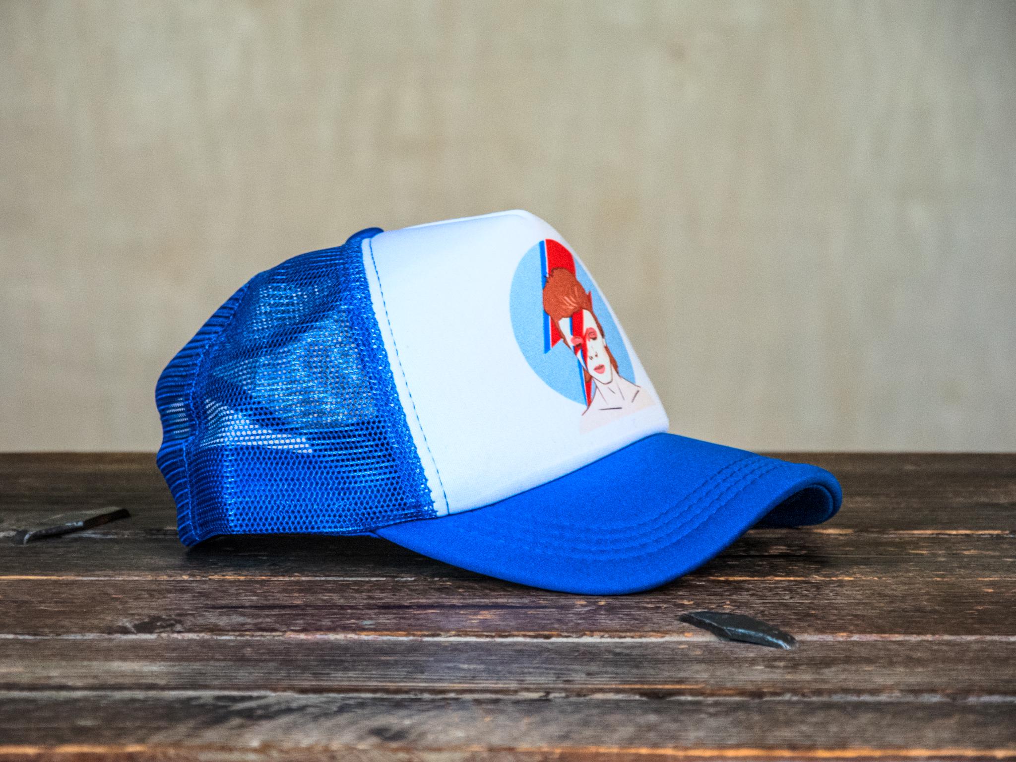 New Custom Designed Blue Distressed Baseball Cap with Bowie, Adjustable. Hand Printed Bowie Trucker Hat | Blue Snapback Cap - Etsy main image 3