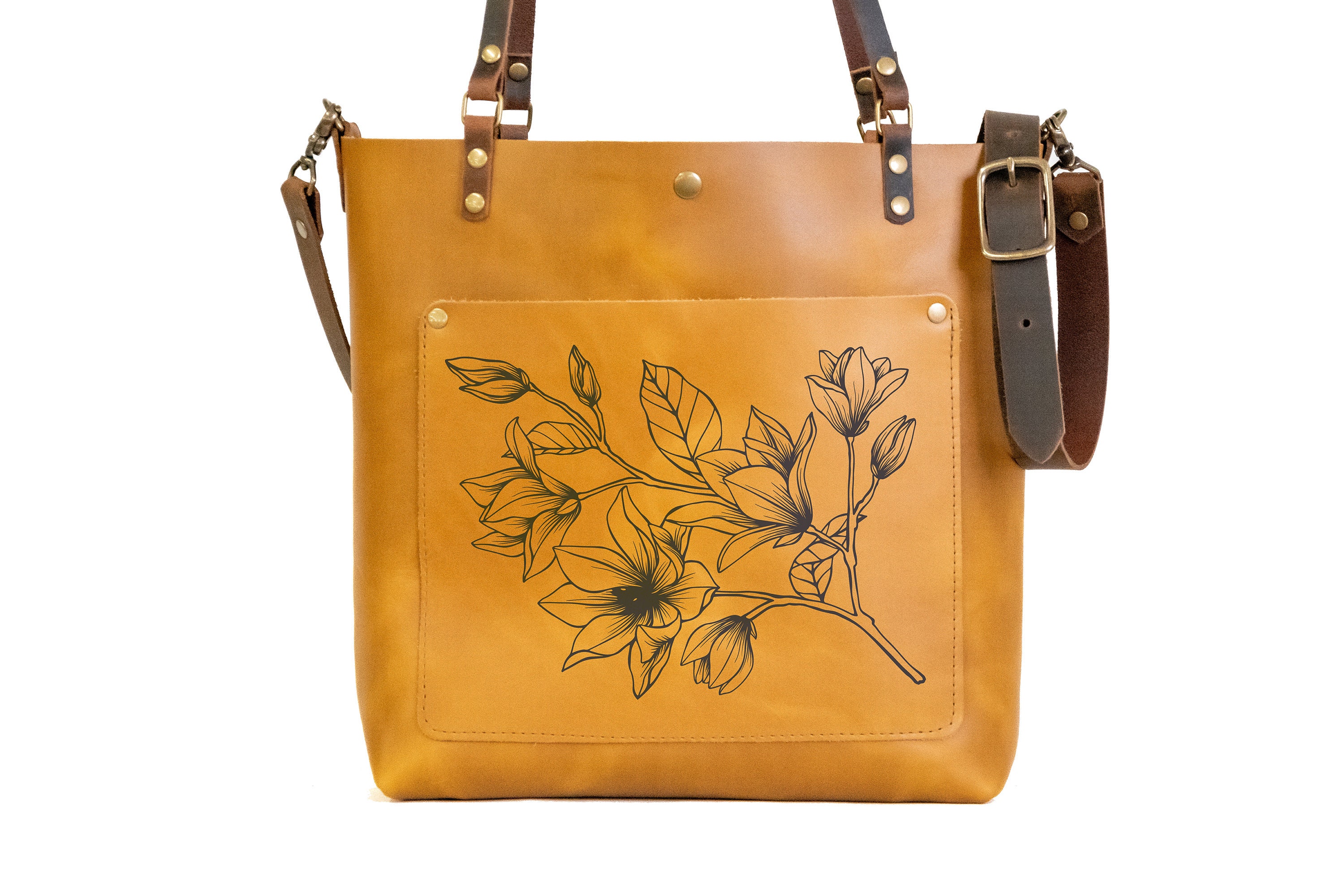 Leather Tote Bag: Yellow & Brown Handmade Full Grain Leather 