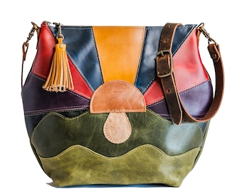 LIMITED EDITION Patchwork Mushroom Boho Curved Leather Tote Bag | Only a few Available | Lined with Zipper and Tassel