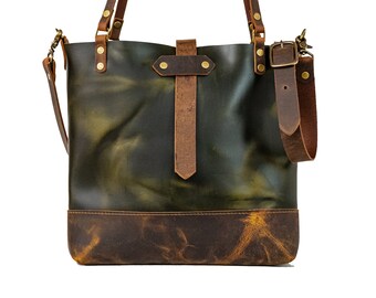 The Jade Slip Thru Tote |  Handmade Leather Tote Bag | Green Leather Crossbody Bag |  Leather Purse