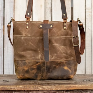 Waxed Canvas Tote Canvas Tote Bag Crossbody Bag Large Made in USA The ML Leather and Waxed Canvas Tote pecan