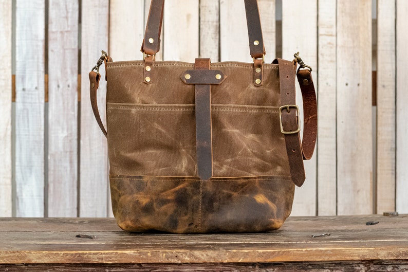 Waxed Canvas Tote Canvas Tote Bag Crossbody Bag Large Made in USA The ML Leather and Waxed Canvas Tote pecan
