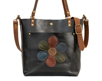 The Flower Power Leather Tote Bag | Limited Edition |  Handmade Purse |  Made in the USA | Leather Handbag