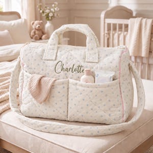 Personalized Quilted Diaper Bag, Custom Name Embroidery, Floral Hospital Bag (New Mom Gift)