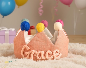 Custom Linen Birthday Crown | Handmade Party Hat with Name