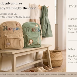 May include: Two corduroy backpacks, one beige and one green, sit on a bench. The beige backpack has the name "Harper" embroidered in colorful yarn, and the green backpack has "Miles". Both have decorative patches and are ready for adventures.
