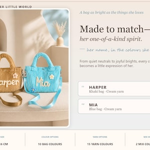 May include: Two corduroy handbags with top handles and shoulder straps. One bag is khaki with the name Harper in cream yarn, the other is blue with the name Mia in cream yarn. Both feature small flower appliqu&eacute;s. Dimensions are 28 x 16 cm.