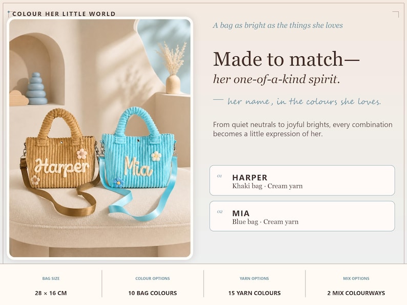 May include: Two corduroy handbags with top handles and shoulder straps. One bag is khaki with the name Harper in cream yarn, the other is blue with the name Mia in cream yarn. Both feature small flower appliqu&eacute;s. Dimensions are 28 x 16 cm.