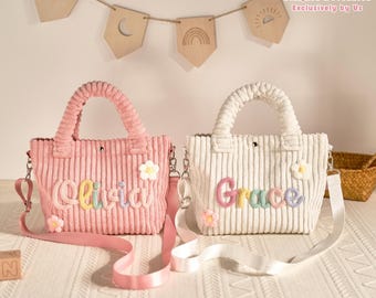 Custom Crossbody bag | Soft Corduroy Kids Bag | Removable Satin Strap | Magnetic snap | 10 Colors | Option Icons