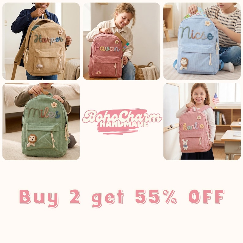 Custom Kids Backpack With Name | Corduroy for Kids | 8 Colors | Option Icons | 11" x 15" image 7