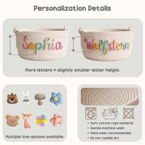 May include: Two off-white woven cotton rope baskets featuring personalized names in colorful yarn lettering. The image displays customization options including various plush icons like bears, rabbits, mushrooms, and flowers, plus care instructions.