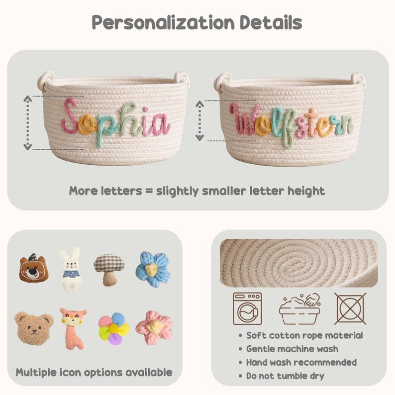 May include: Two off-white woven cotton rope baskets featuring personalized names in colorful yarn lettering. The image displays customization options including various plush icons like bears, rabbits, mushrooms, and flowers, plus care instructions.