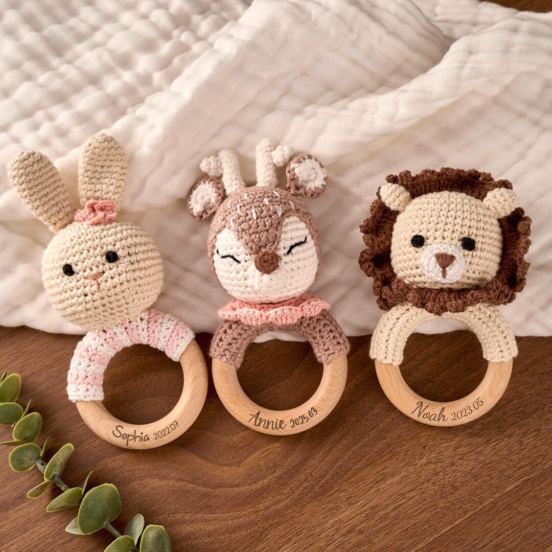 Personalized Crochet Baby Rattle: Engraved Wooden Teether, Newborn Gift ...