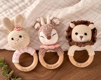 Personalized Crochet Baby Rattle: Engraved Wooden Teether, Newborn Gift