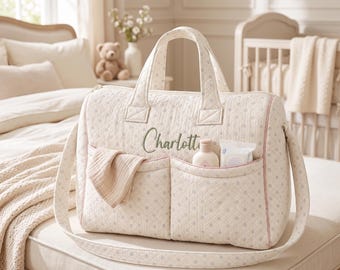 Sac à langer matelassé personnalisé, broderie du nom, sac de maternité à motif floral (cadeau pour nouvelle maman)