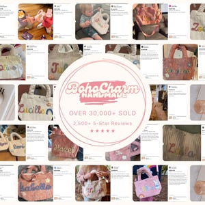 May include: A collage of corduroy tote bags in various colors, each featuring personalized names in colorful, textured lettering. The central circular graphic displays the text BohoCharm HANDMADE, OVER 30,000+ SOLD, and 2,500+ 5-Star Reviews.