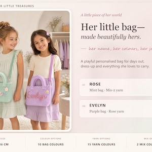 May include: Two small corduroy handbags with top handles and shoulder straps. One bag is mint green with the name Rose in multi-colored yarn, and the other is purple with the name Evelyn in rose-colored yarn. Text includes bag size 28 x 16 cm.