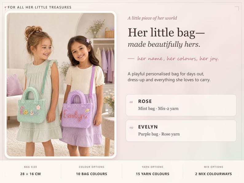May include: Two small corduroy handbags with top handles and shoulder straps. One bag is mint green with the name Rose in multi-colored yarn, and the other is purple with the name Evelyn in rose-colored yarn. Text includes bag size 28 x 16 cm.