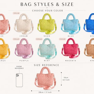 May include: A collection of ten corduroy handbags in various colors including rose, cream, neon, blue, ocean, orange, purple, mint, magenta, and khaki. Each bag features two top handles and a shoulder strap. A size reference shows 11 by 6.3 inches.