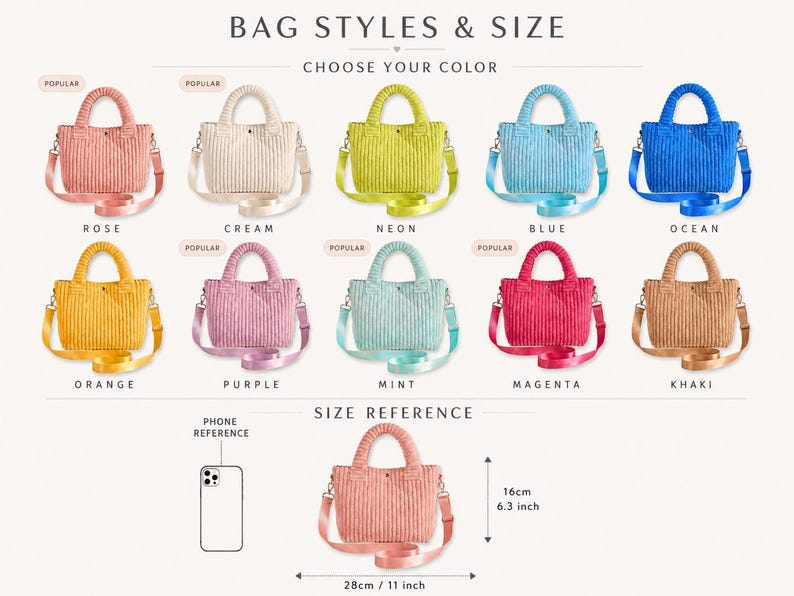 May include: A collection of ten corduroy handbags in various colors including rose, cream, neon, blue, ocean, orange, purple, mint, magenta, and khaki. Each bag features two top handles and a shoulder strap. A size reference shows 11 by 6.3 inches.