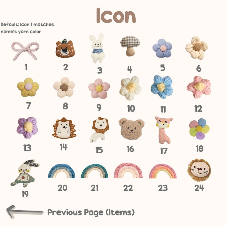 May include: A collection of colorful, crocheted icons, including flowers, animals, and rainbows. The icons are numbered and arranged on a cream-colored background. The word "Icon" is at the top, and "Previous Page (Items)" is at the bottom.