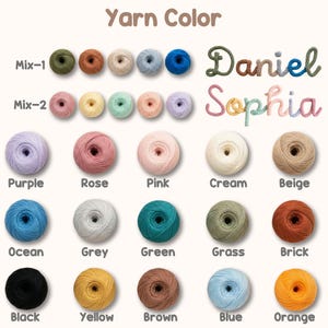 May include: A color chart of yarn balls in various colors, including purple, pink, cream, and orange. The text "Yarn Color" is at the top, with the names "Daniel" and "Sophia" in yarn. Additional colors include black, blue, and green.