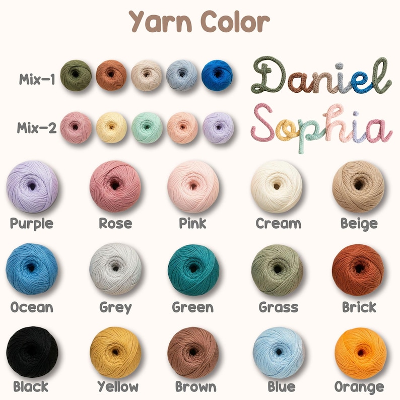 May include: A color chart of yarn balls in various colors, including purple, pink, cream, and orange. The text "Yarn Color" is at the top, with the names "Daniel" and "Sophia" in yarn. Additional colors include black, blue, and green.