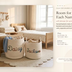 May include: Two off-white cylindrical woven rope storage baskets featuring embroidered names in a multi-colored gradient thread. The larger basket displays the name Daisy, and the smaller basket displays the name Jackson, both with two side handles.