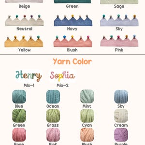 May include: A product image showcasing various crown-shaped hats in different colors, including beige, green, and yellow. The image also displays yarn colors such as blue, green, and gold, with the names "Henry" and "Sophia" above the yarn color swatches.
